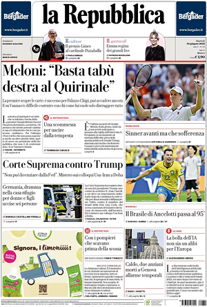 Prima pagina La Repubblica di oggi - Quotidiano nazionale