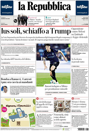 Prima pagina La Repubblica di oggi - Quotidiano nazionale