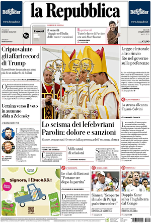 Prima pagina La Repubblica di oggi - Quotidiano nazionale