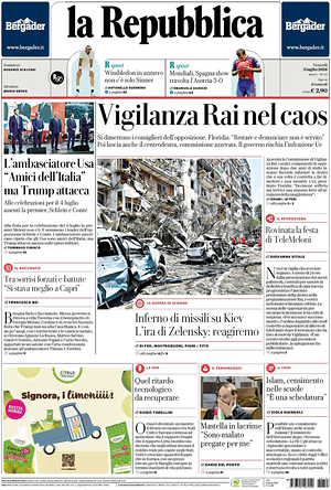 Prima pagina La Repubblica di oggi - Quotidiano nazionale