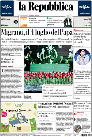 Prima pagina La Repubblica di oggi - Quotidiano nazionale