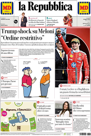 Prima pagina La Repubblica di oggi - Quotidiano nazionale