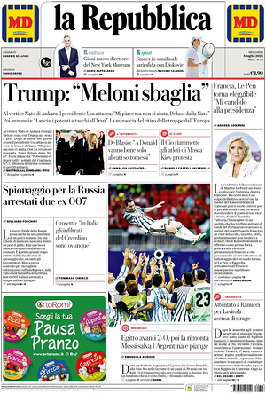 Prima pagina La Repubblica di oggi - Quotidiano nazionale