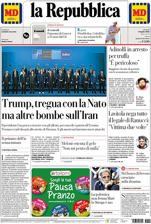Prima pagina La Repubblica di oggi - Quotidiano nazionale
