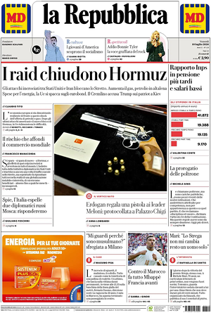 Prima pagina La Repubblica di oggi - Quotidiano nazionale