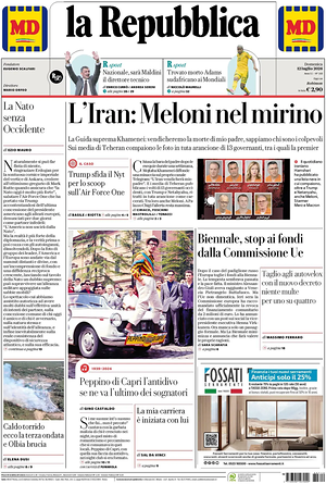 Prima pagina La Repubblica di oggi - Quotidiano nazionale