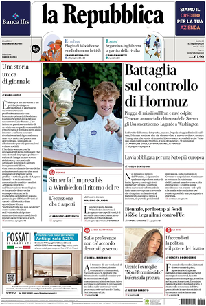 Prima pagina La Repubblica di oggi - Quotidiano nazionale