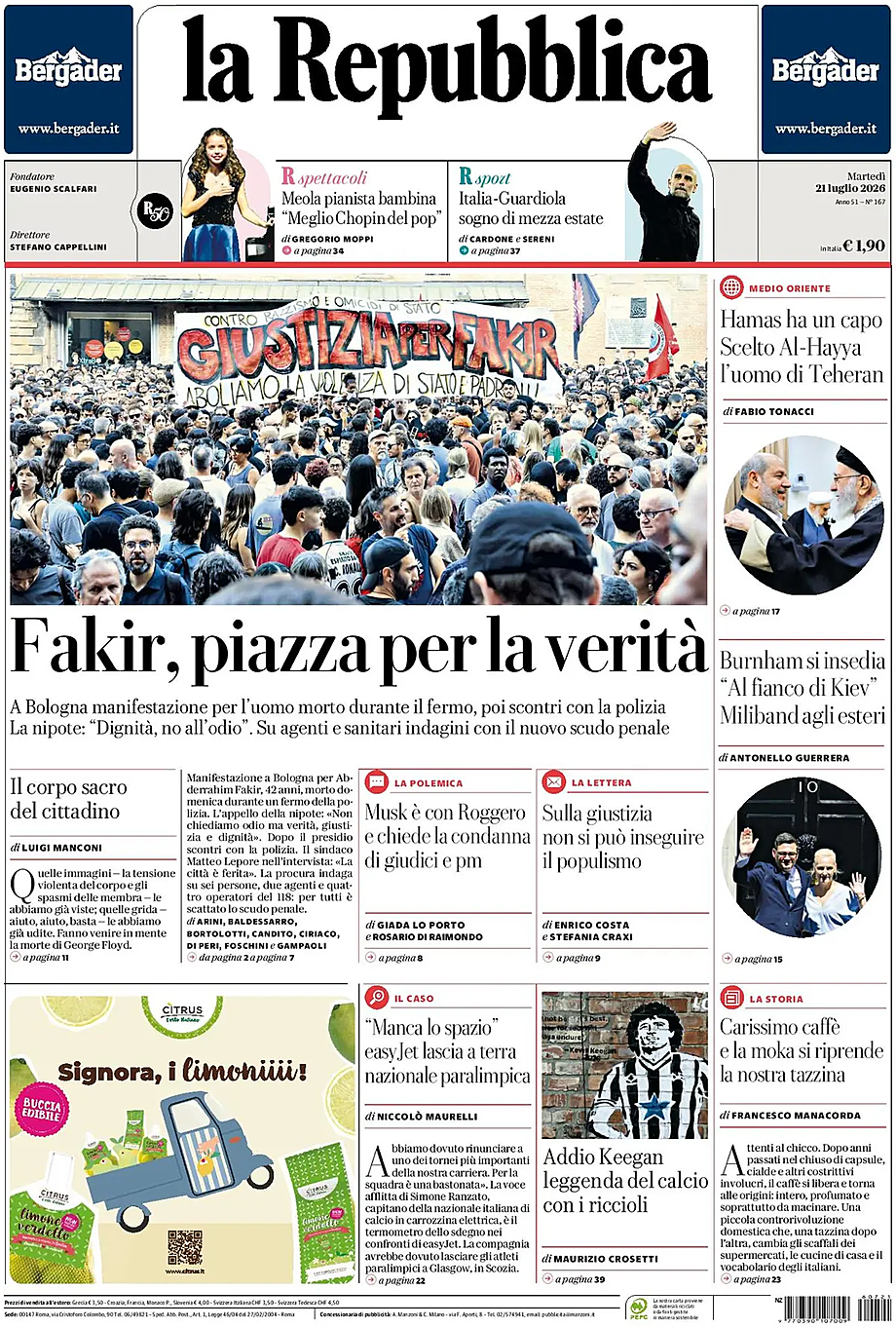 Prima pagina La Repubblica di oggi - Edicola 21 Luglio 2026