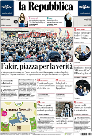 Prima pagina La Repubblica di oggi - Quotidiano nazionale