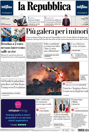 Prima pagina La Repubblica di oggi - Quotidiano nazionale