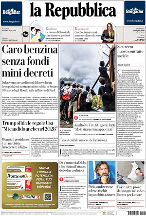 Prima pagina La Repubblica di oggi - Quotidiano nazionale