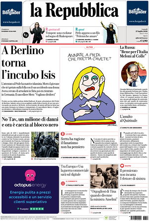 Prima pagina La Repubblica di oggi - Quotidiano nazionale