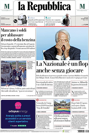 Prima pagina La Repubblica di oggi - Quotidiano nazionale