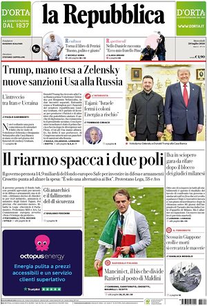 Prima pagina La Repubblica di oggi - Quotidiano nazionale