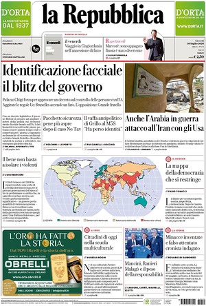 Prima pagina La Repubblica di oggi - Quotidiano nazionale