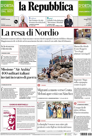 Prima pagina La Repubblica di oggi - Quotidiano nazionale