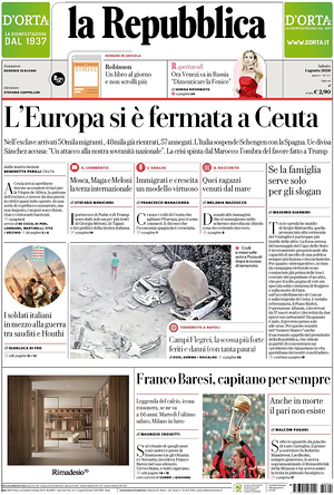 Prima pagina La Repubblica di oggi - Quotidiano nazionale