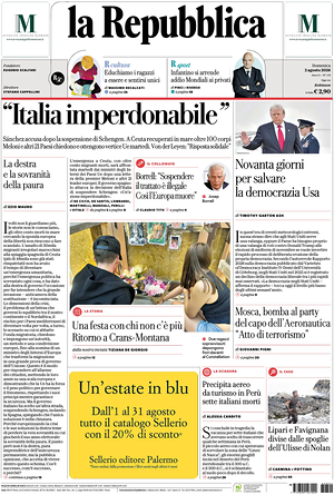 Prima pagina La Repubblica di oggi - Quotidiano nazionale