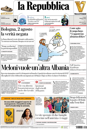Prima pagina La Repubblica di oggi - Quotidiano nazionale