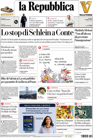 Prima pagina La Repubblica di oggi - Quotidiano nazionale