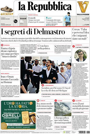 Prima pagina La Repubblica di oggi - Quotidiano nazionale