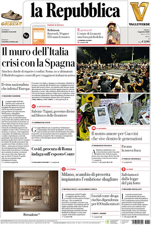 Prima pagina La Repubblica di oggi - Quotidiano nazionale