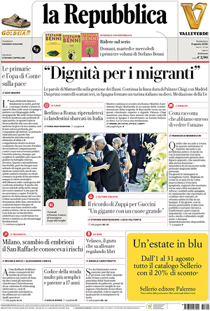 Prima pagina La Repubblica di oggi - Quotidiano nazionale