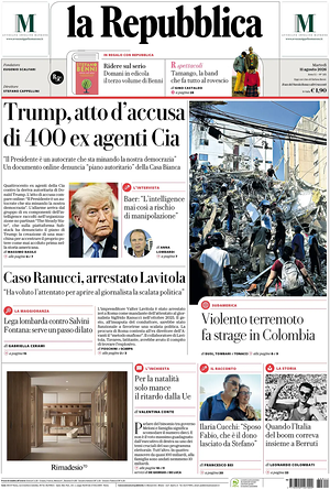 Prima pagina La Repubblica di oggi - Quotidiano nazionale