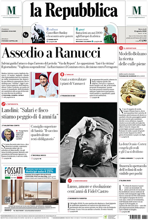 Prima pagina La Repubblica di oggi - Quotidiano nazionale