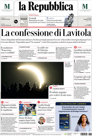 Prima pagina La Repubblica di oggi - Quotidiano nazionale