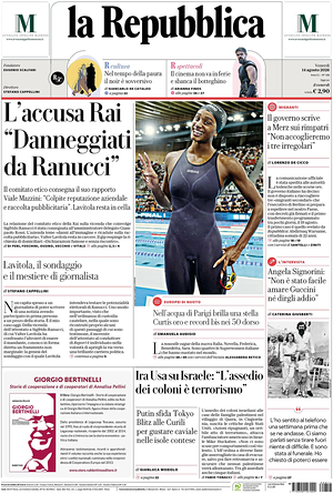 Prima pagina La Repubblica di oggi - Quotidiano nazionale