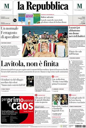 Prima pagina La Repubblica di oggi - Quotidiano nazionale