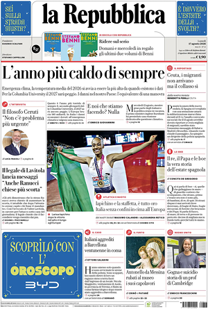 Prima pagina La Repubblica di oggi - Quotidiano nazionale
