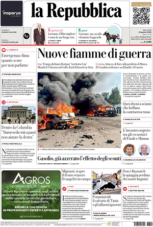 Prima pagina La Repubblica di oggi - Quotidiano nazionale