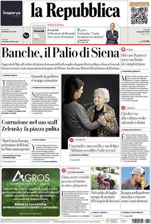 Prima pagina La Repubblica di oggi - Quotidiano nazionale