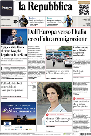Prima pagina La Repubblica di oggi - Quotidiano nazionale