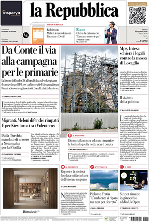 Prima pagina La Repubblica di oggi - Quotidiano nazionale
