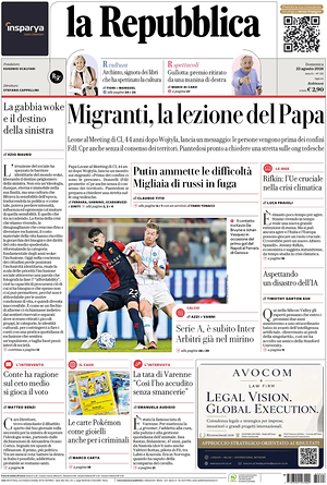 Prima pagina La Repubblica di oggi - Quotidiano nazionale