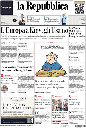 Prima pagina La Repubblica di oggi - Quotidiano nazionale