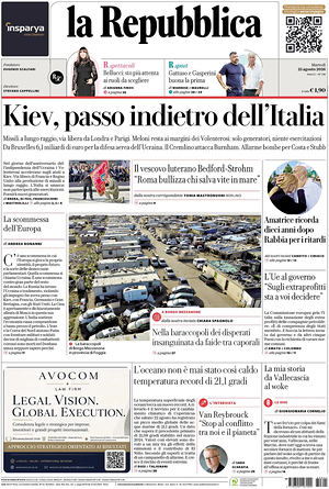 Prima pagina La Repubblica di oggi - Quotidiano nazionale