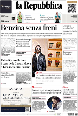 Prima pagina La Repubblica di oggi - Quotidiano nazionale