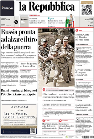 Prima pagina La Repubblica di oggi - Quotidiano nazionale