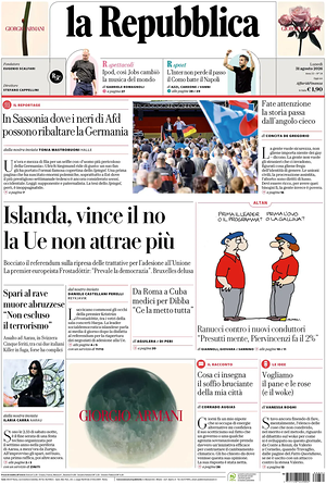 Prima pagina La Repubblica di oggi - Quotidiano nazionale