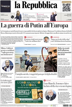 Prima pagina La Repubblica di oggi - Quotidiano nazionale
