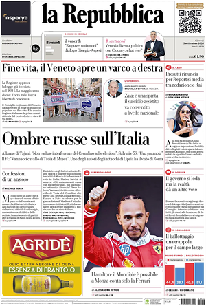 La Repubblica prima pagina
