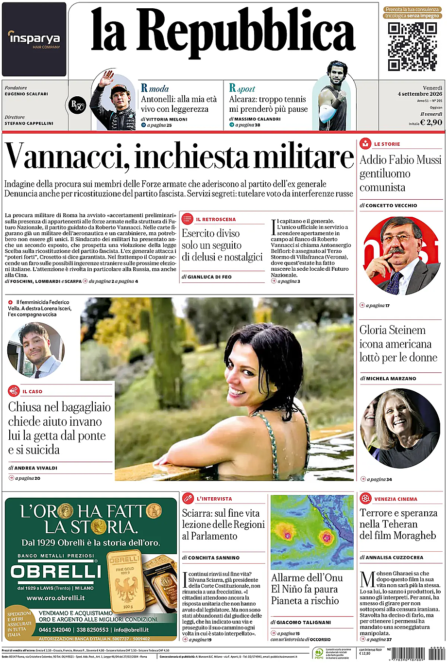 Prima pagina La Repubblica di oggi - Edicola 4 Settembre 2026