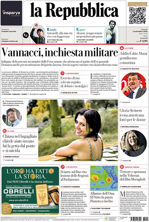 Prima pagina La Repubblica di oggi - Quotidiano nazionale