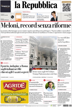 Prima pagina La Repubblica di oggi - Quotidiano nazionale
