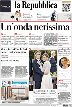 Prima pagina La Repubblica di oggi - Quotidiano nazionale
