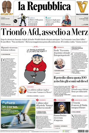 Prima pagina La Repubblica di oggi - Quotidiano nazionale